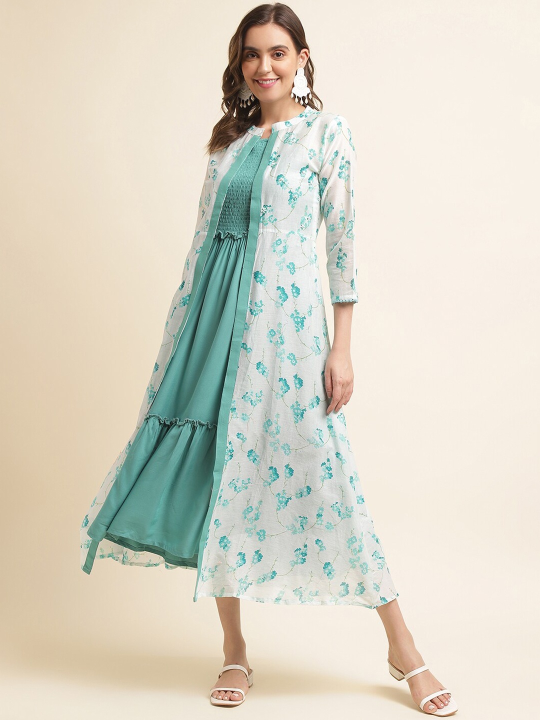 

Sangria Shoulder Straps Smocked Detail Fit & Flared Dress With Printed Shrug, Blue