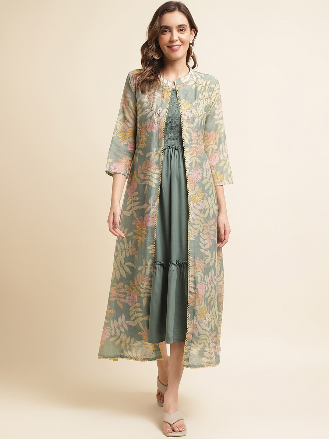 

Sangria Shoulder Straps Smocked Detail Fit & Flared Dress With Printed Shrug, Green