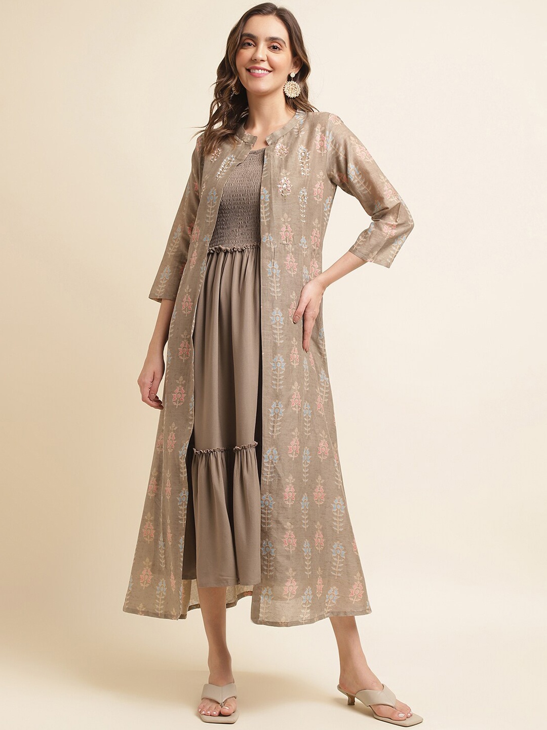 

Sangria Shoulder Straps Smocked Detail Fit & Flared Dress With Printed Shrug, Brown