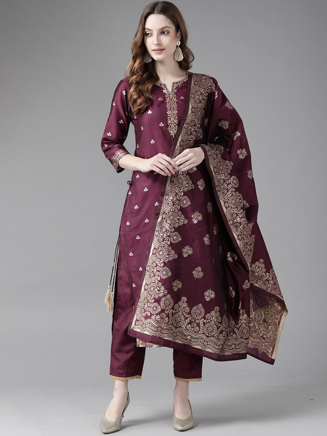 

Indo Era Woven Design Kurta & Trousers With Dupatta, Burgundy