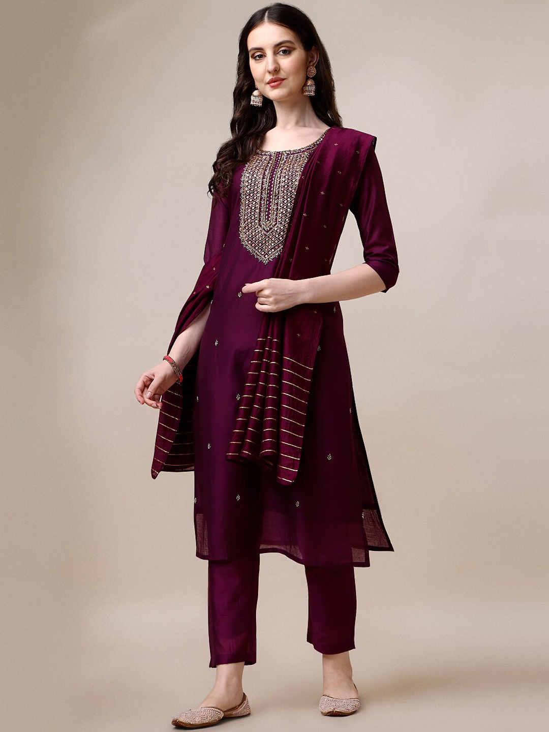 

Berrylicious Yoke Design Thread Work Chanderi Cotton Kurta With Trousers & Dupatta, Purple
