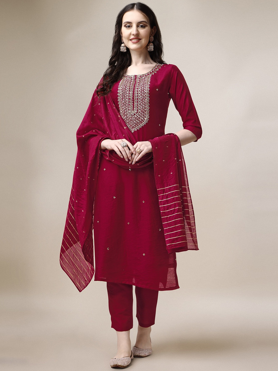 

Berrylicious Yoke Design Thread Work Chanderi Cotton Kurta With Trousers & Dupatta, Maroon