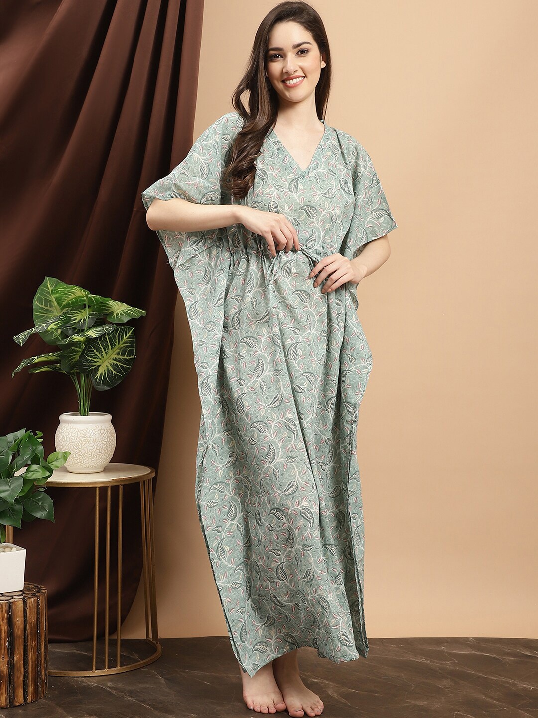 

Boston Club Printed Pure Cotton Kaftan Maxi Nightdress, Green