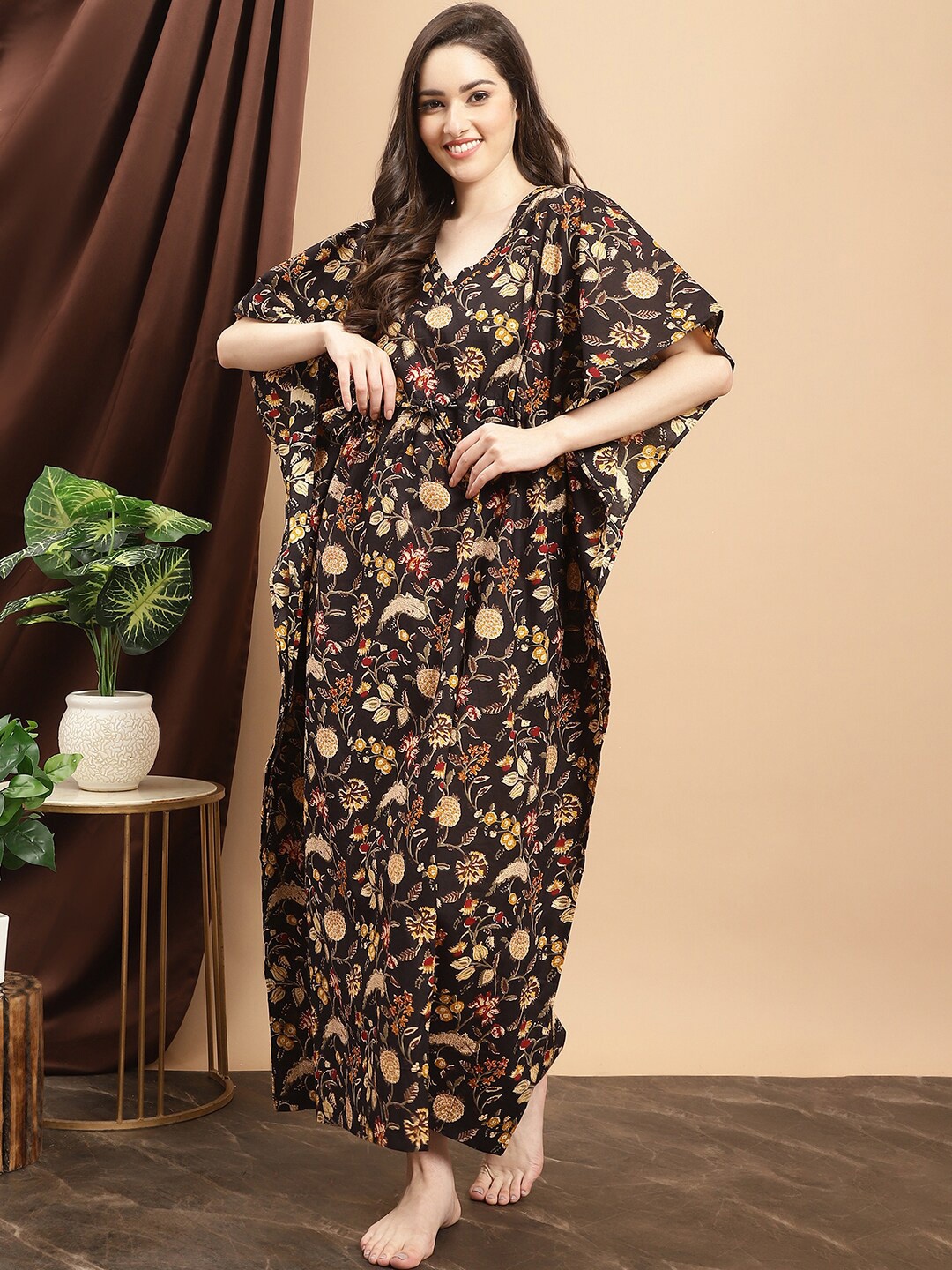

Boston Club Floral Printed Pure Cotton Kaftan Maxi Nightdress, Brown