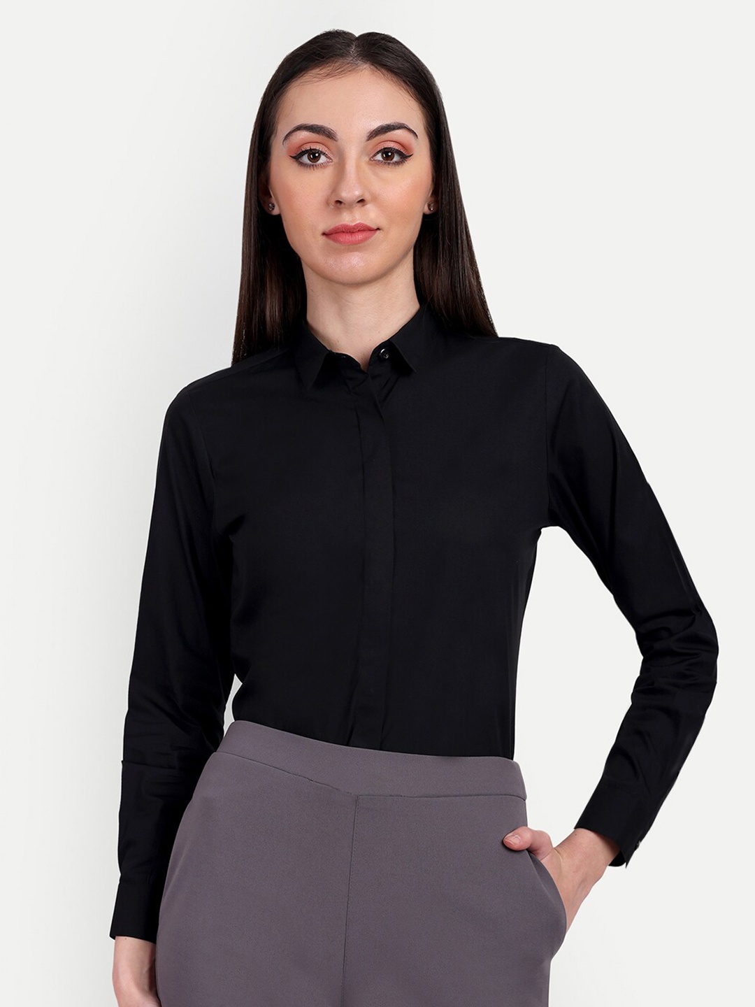 

BAESD Spread Collar Long Sleeves Casual Cotton Shirt, Black