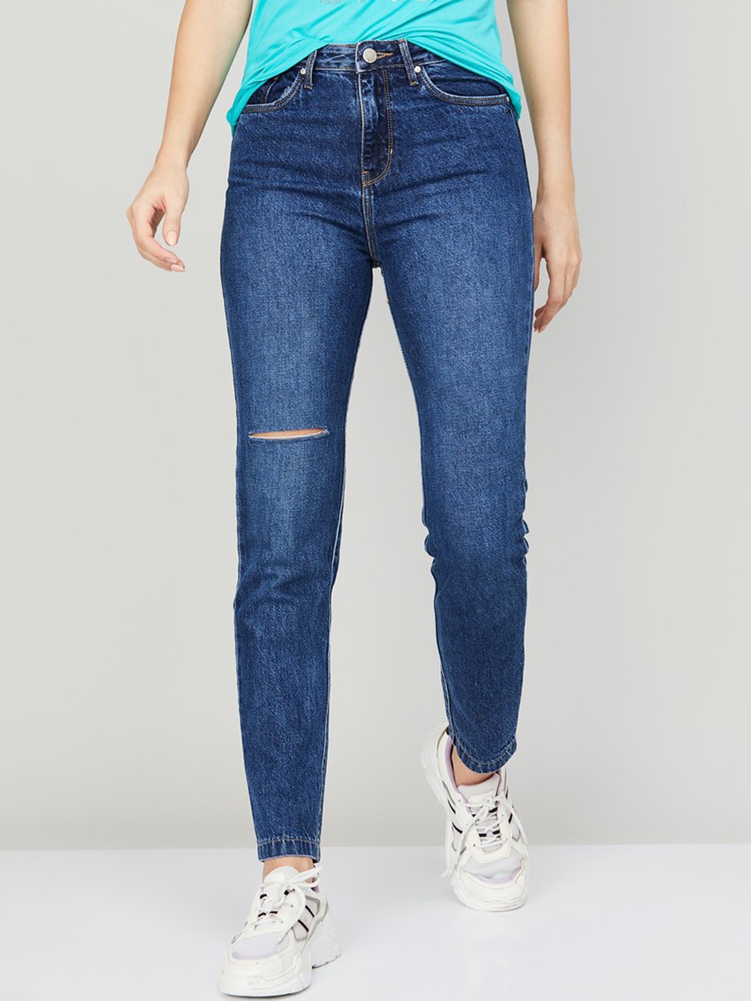 

Xpose Women Comfort Mom Fit High-Rise Low Distress Heavy Fade Pure Cotton Jeans, Blue
