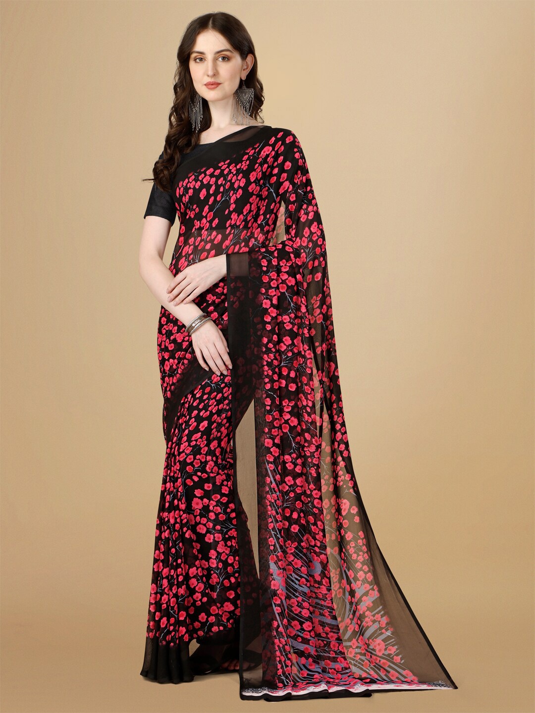 

Dori Floral Printed Pure Georgette Saree, Black