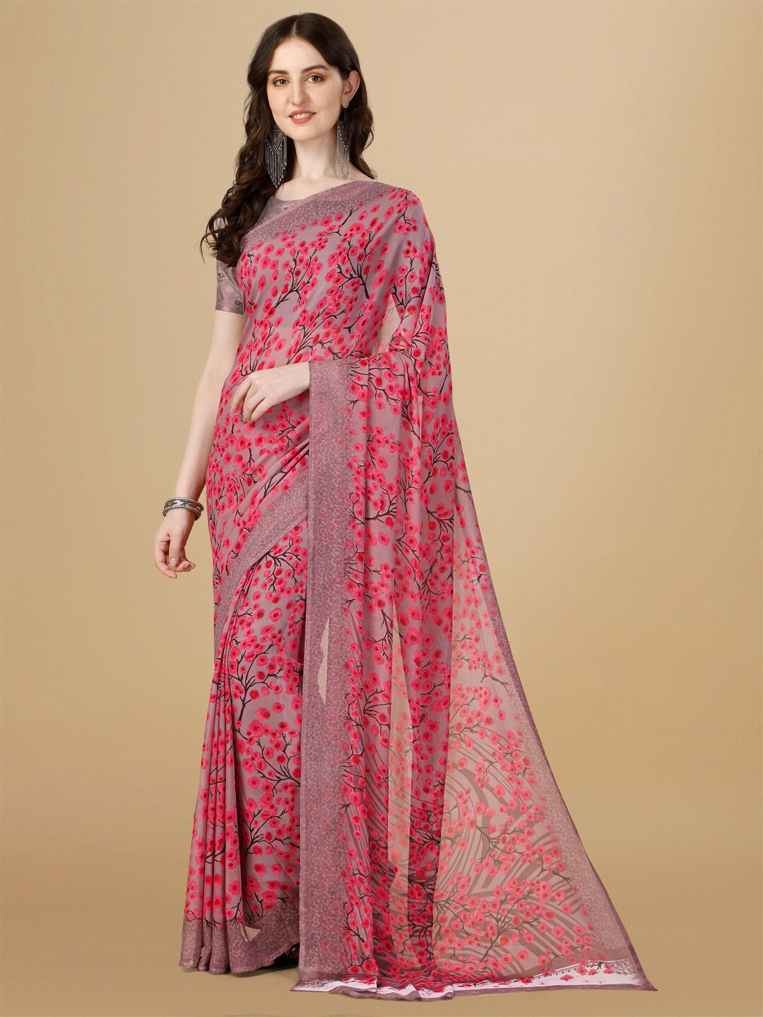 

Dori Floral Printed Pure Georgette Saree, Coral