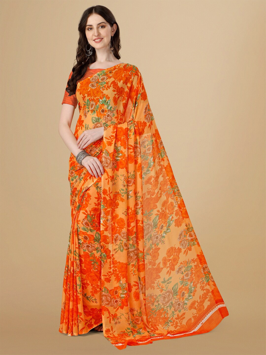 

Dori Floral Printed Pure Georgette Saree, Orange