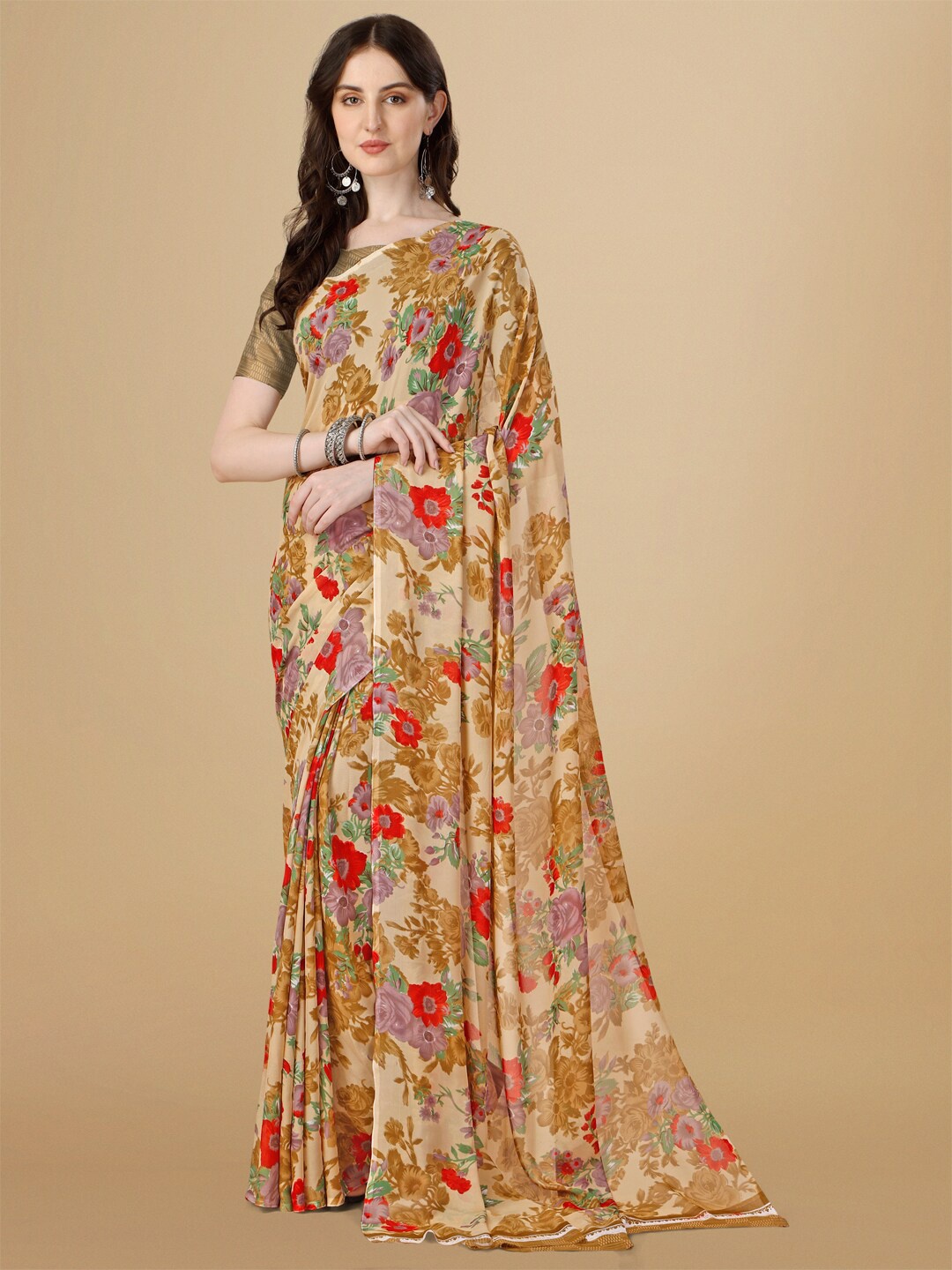 

Dori Floral Printed Pure Georgette Saree, Beige
