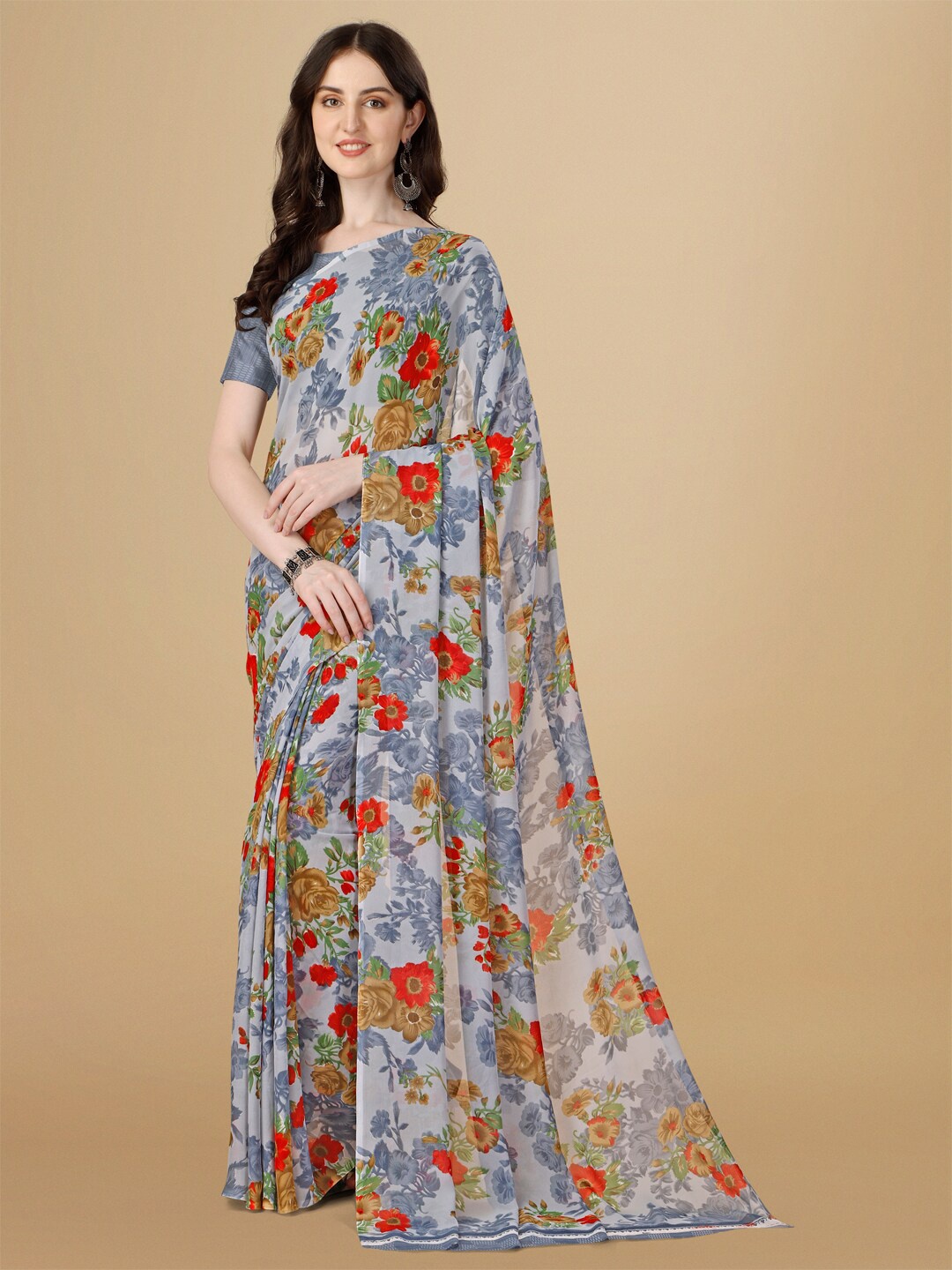 

Dori Floral Printed Pure Georgette Saree, Grey