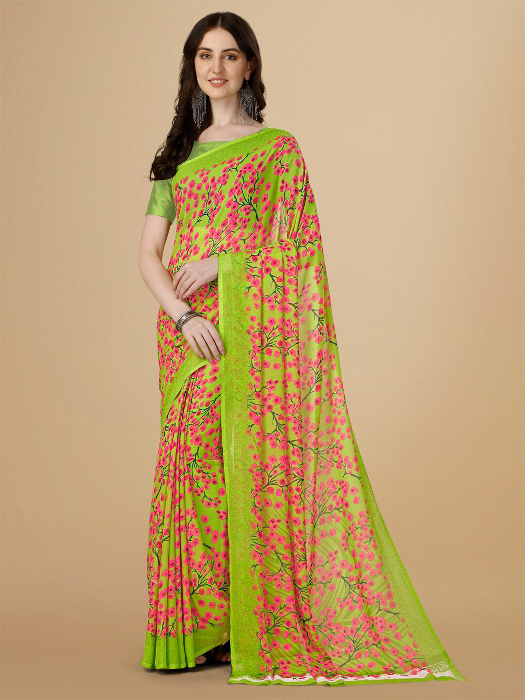 

Dori Floral Printed Pure Georgette Saree, Lime green
