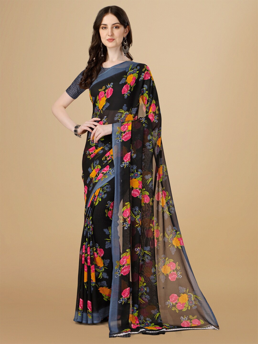 Dori Floral Printed Pure Georgette Saree, Black