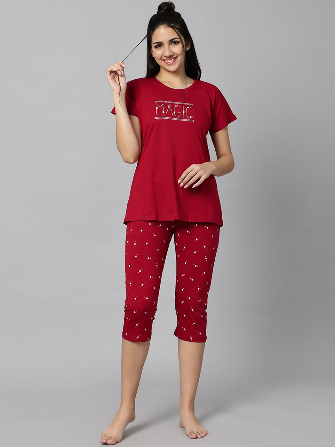 

DZZO Typography Printed Pure Cotton Night Suit, Red