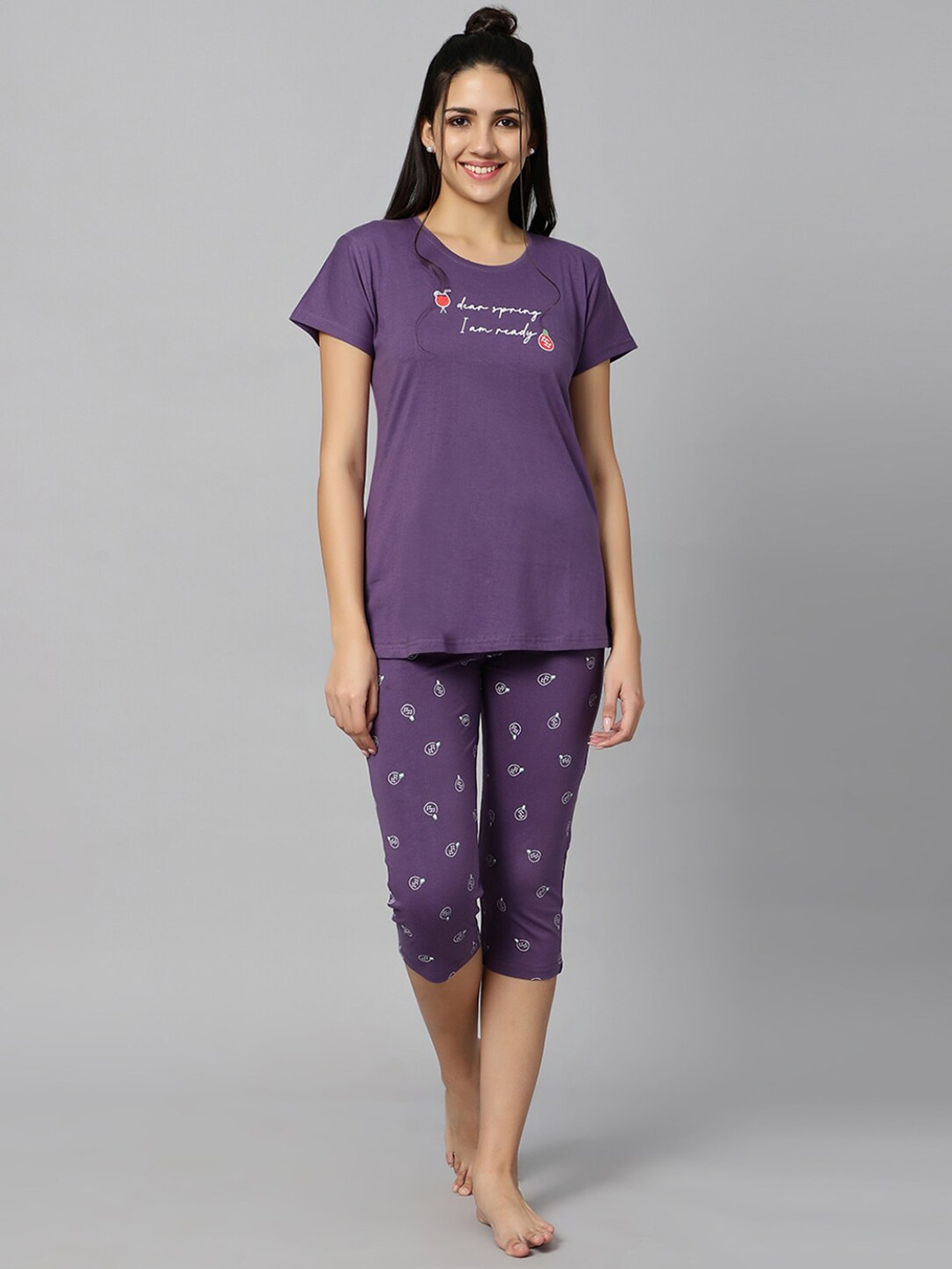 

DZZO Printed Pure Cotton Night Suit, Purple