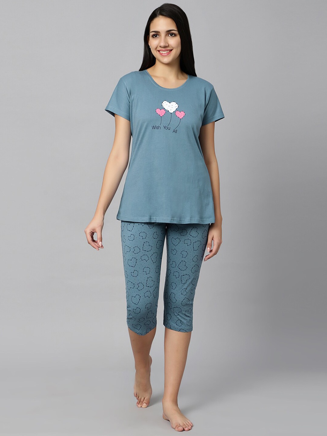 

DZZO Printed Pure Cotton Night Suit, Blue