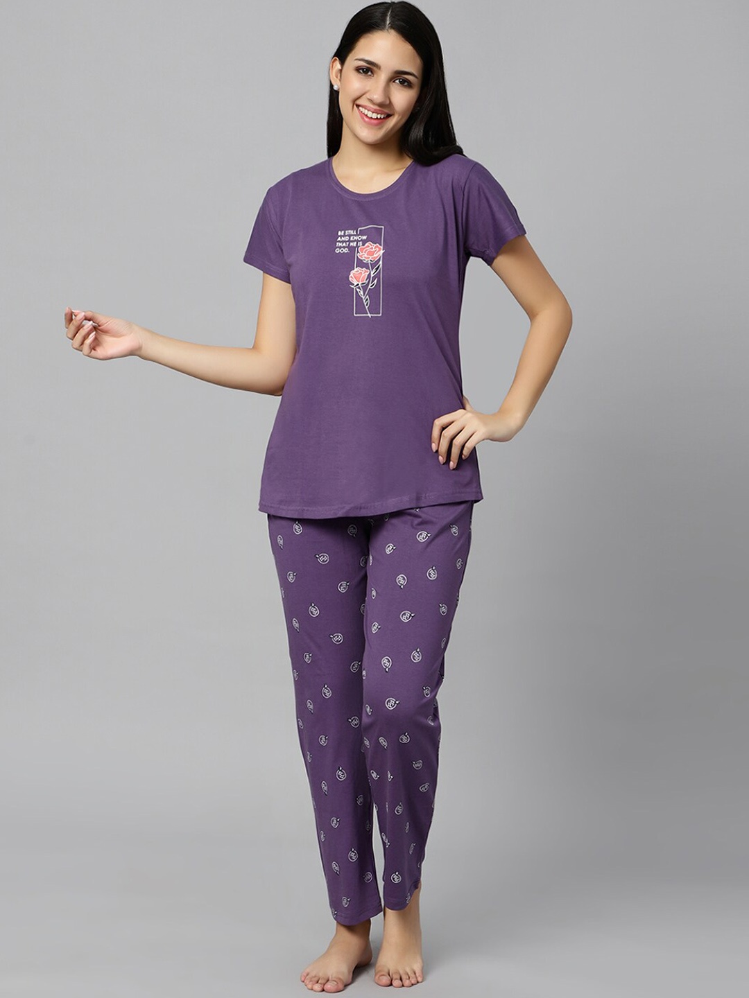 

DZZO Printed Pure Cotton Night Suit, Purple