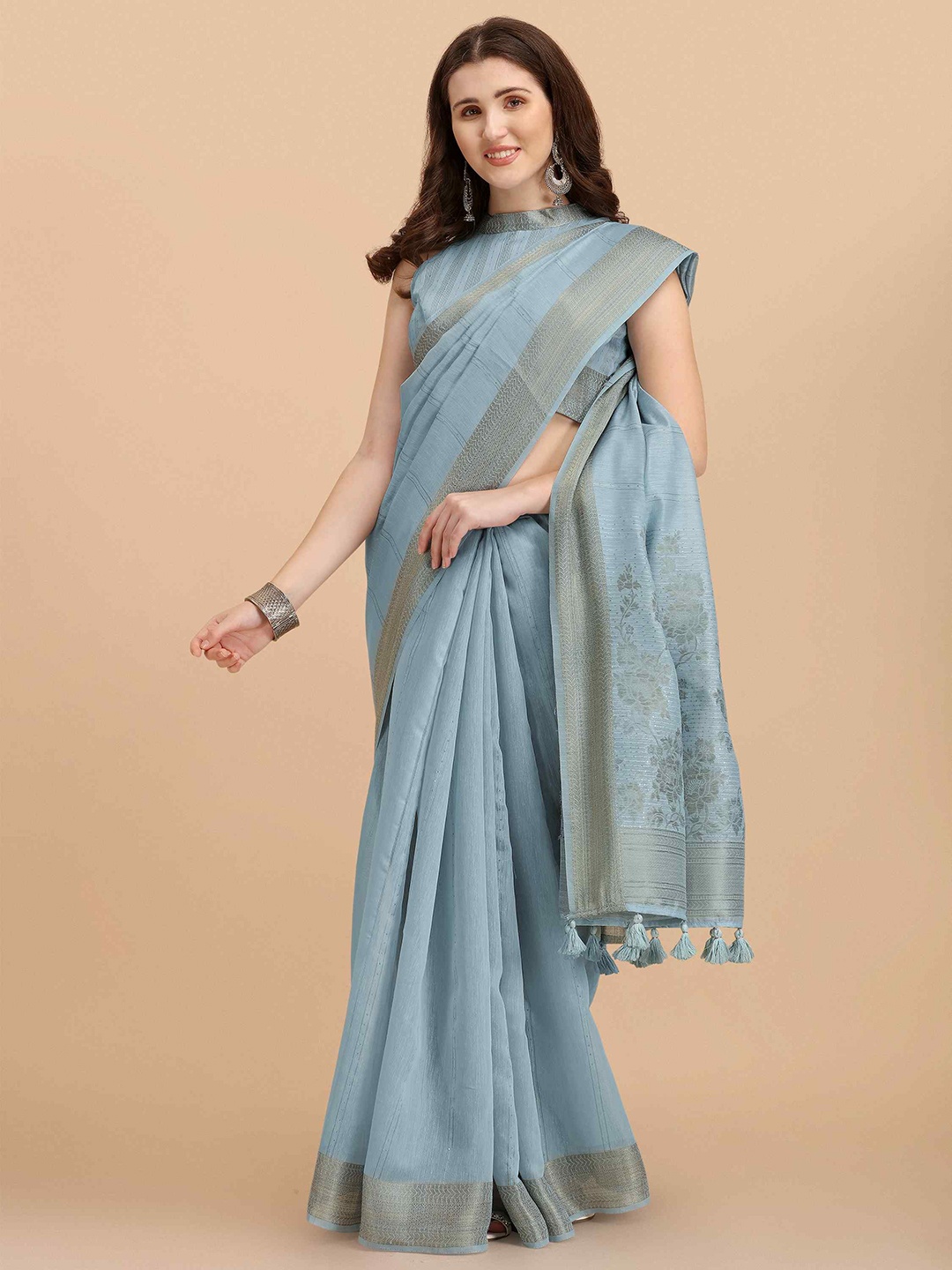 

elora Striped Zari Art Silk Bhagalpuri Saree, Grey