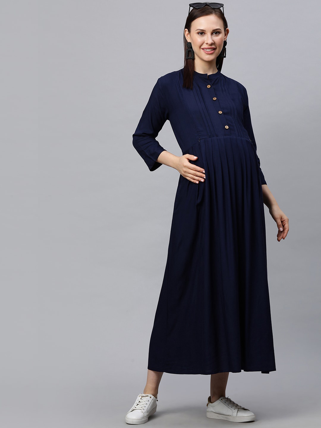 

MomToBe Mandarin Collar Pleated Maternity A-Line Midi Sustainable Dress, Navy blue