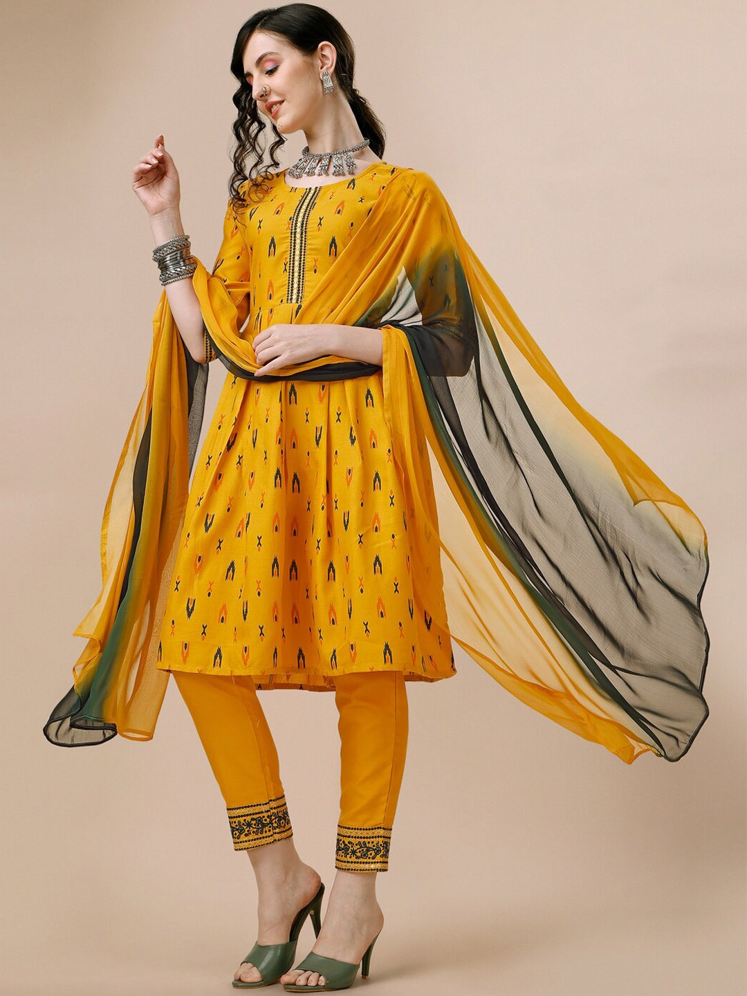 

KALINI Ethnic Motifs Printed Pleated A-Line Kurta & Trousers With Dupatta, Mustard