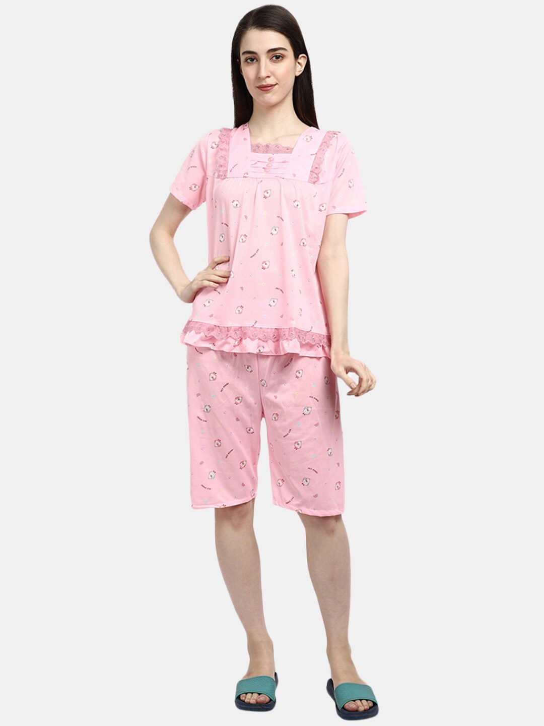 

V-Mart Conversational Printed Square Neck Pure Cotton Night suit, Pink