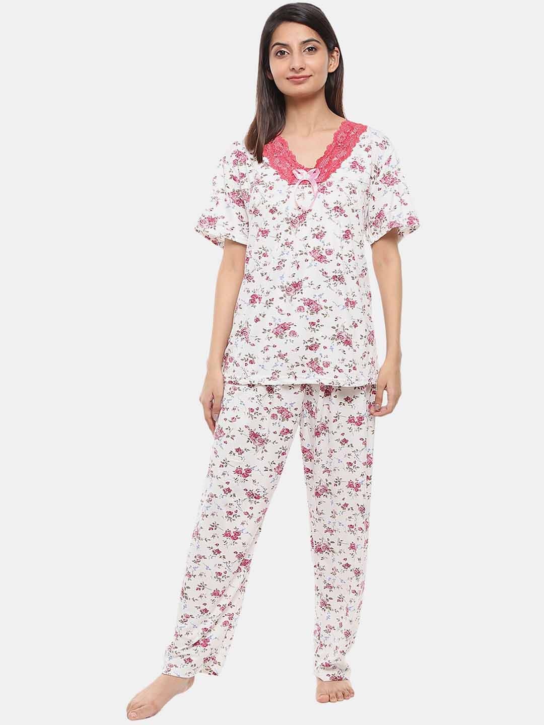 

V-Mart Floral Printed Pure Cotton Top With Pyjamas Night Suit, White