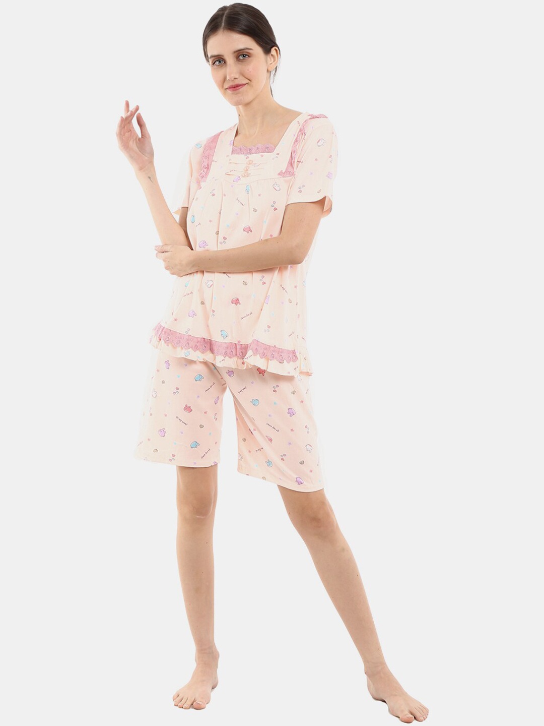 

V-Mart Conversational Printed Pure Cotton Night Suit, Pink