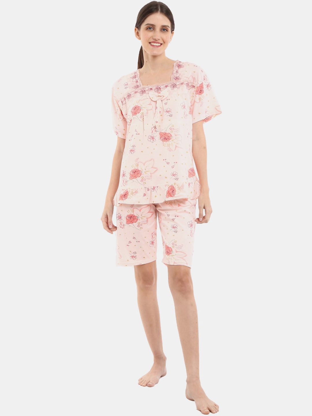 

V-Mart Floral Printed Square Neck Pure Cotton Night suit, Pink