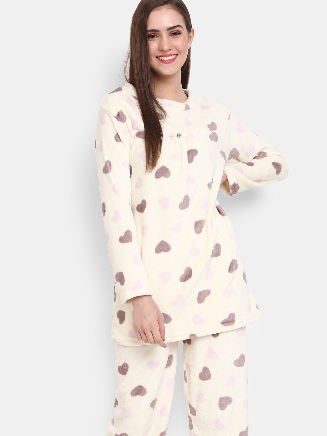 

V-Mart Heart Printed Pure Cotton Night suit, Off white
