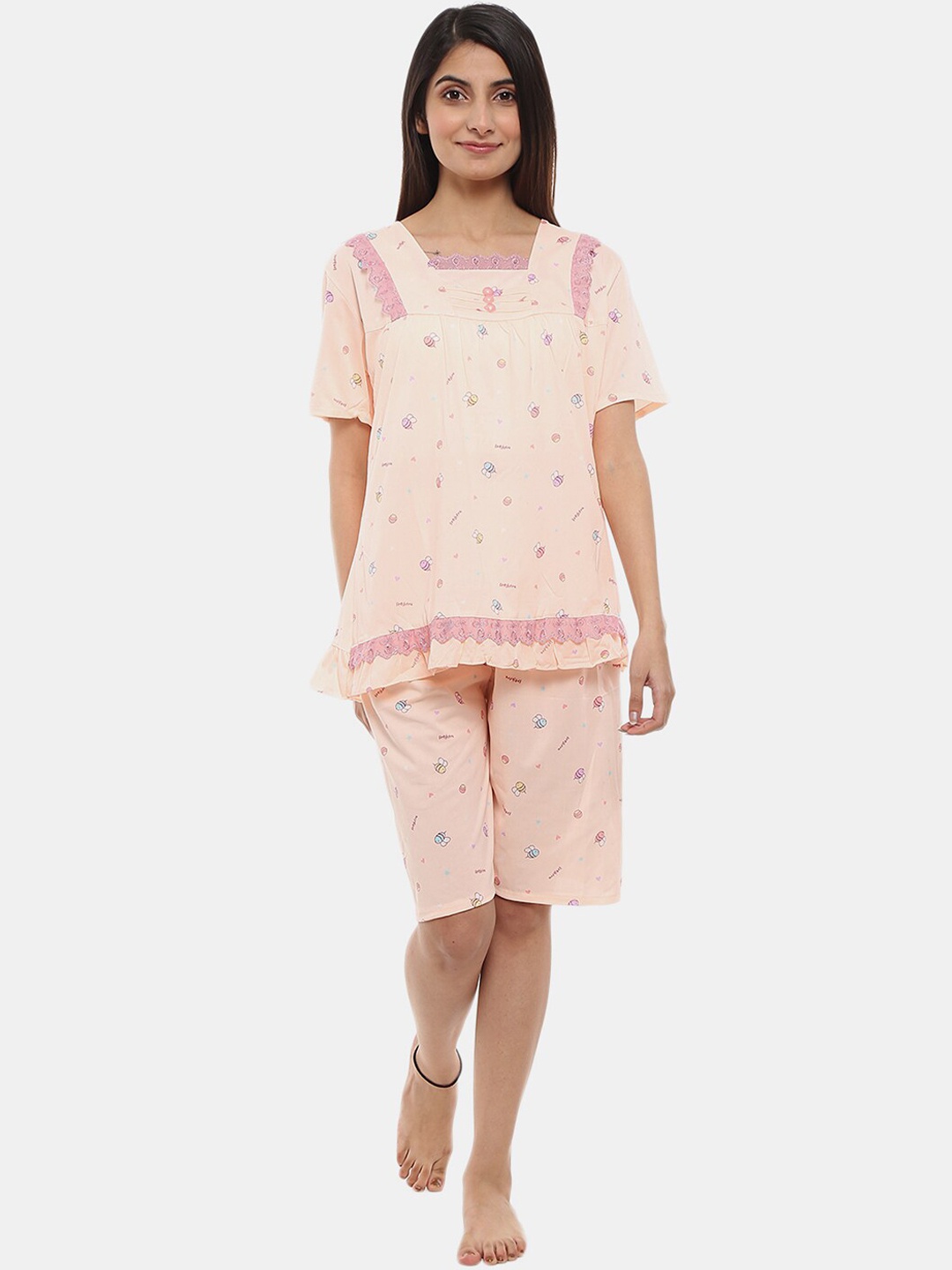 

V-Mart Conversational Printed Square Neck Pure Cotton Night suit, Peach