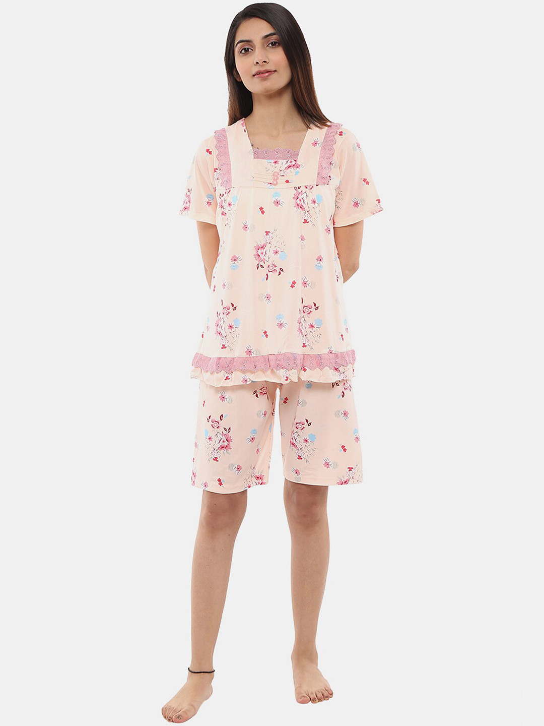 

V-Mart Floral Printed Pure Cotton Night Suit, Pink