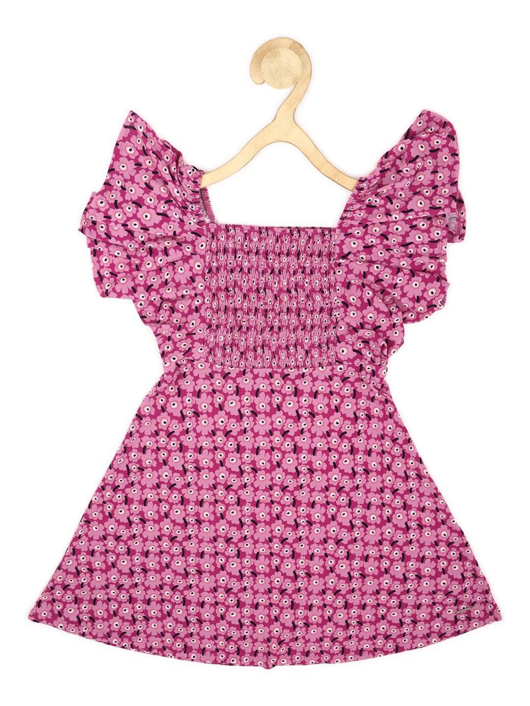 

Peter England Girls Floral Printed Flutter Sleeves Smocked A-Line Mini Dress, Pink