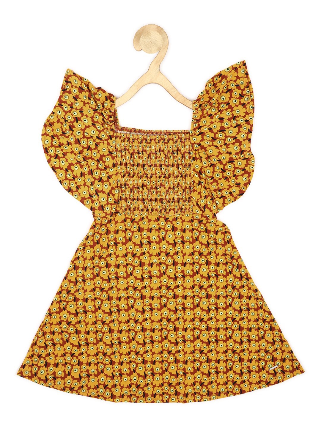 

Peter England Girls Floral Printed Flutter Sleeves Smocked A-Line Mini Dress, Yellow