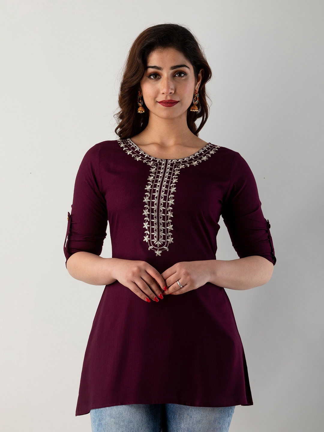 

CKM Floral Yoke Design Thread Work Kurti, Burgundy