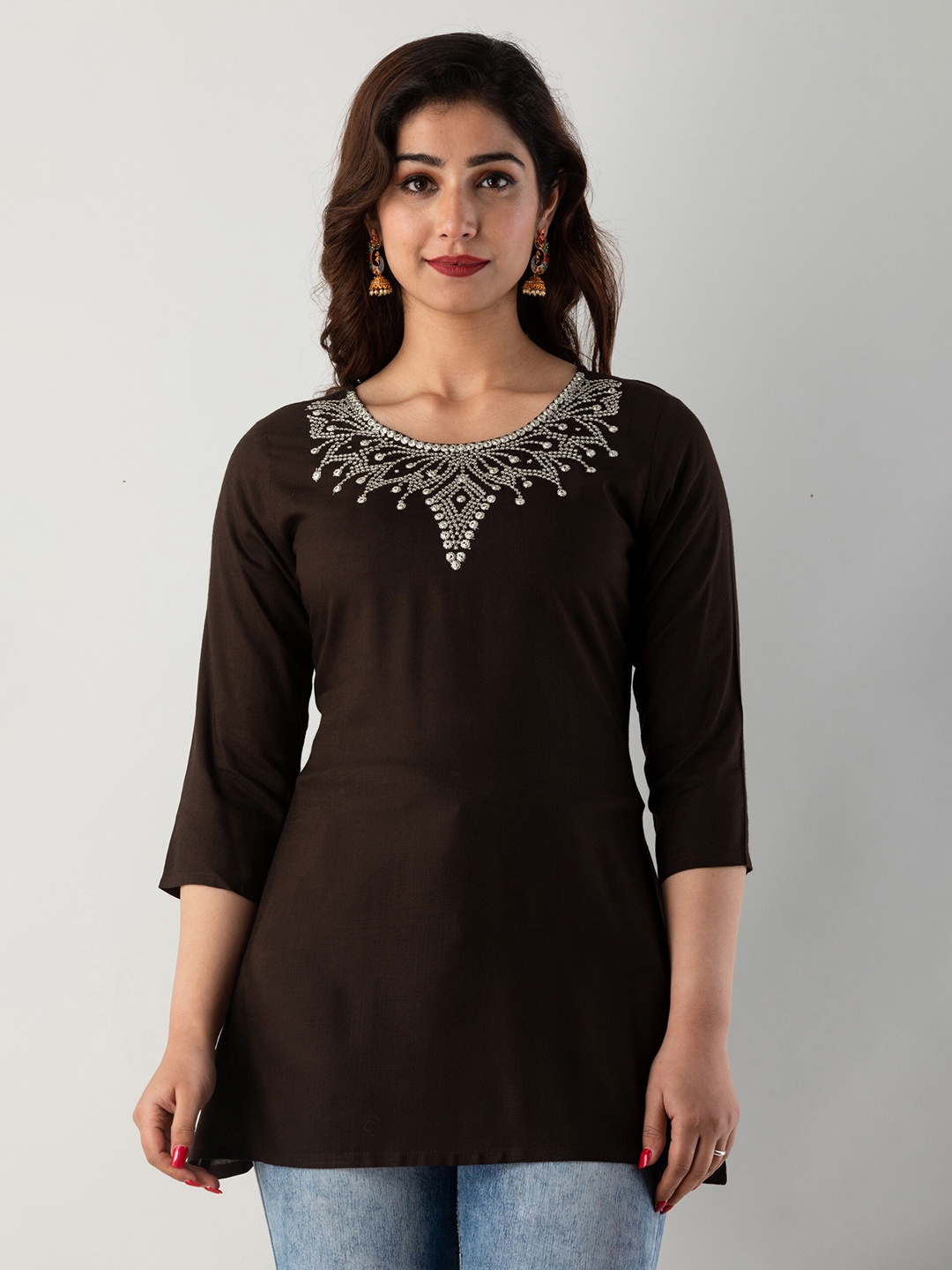 

CKM Floral Embroidered A-Line Kurti, Brown
