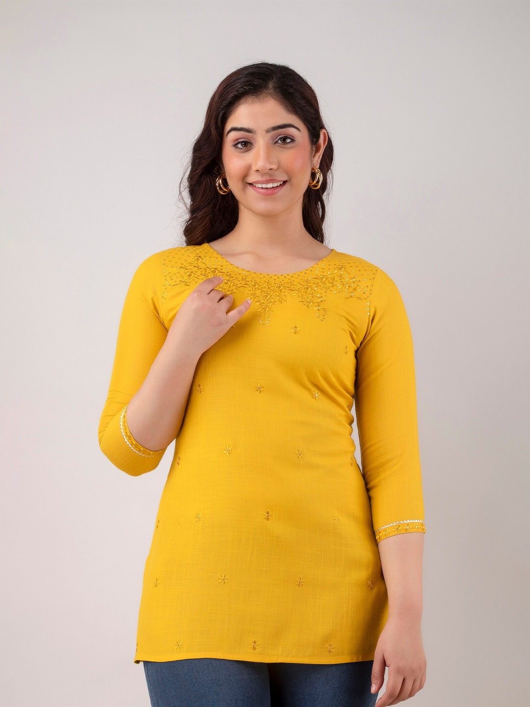 

CKM Floral Embroidered Thread Work Kurti, Mustard