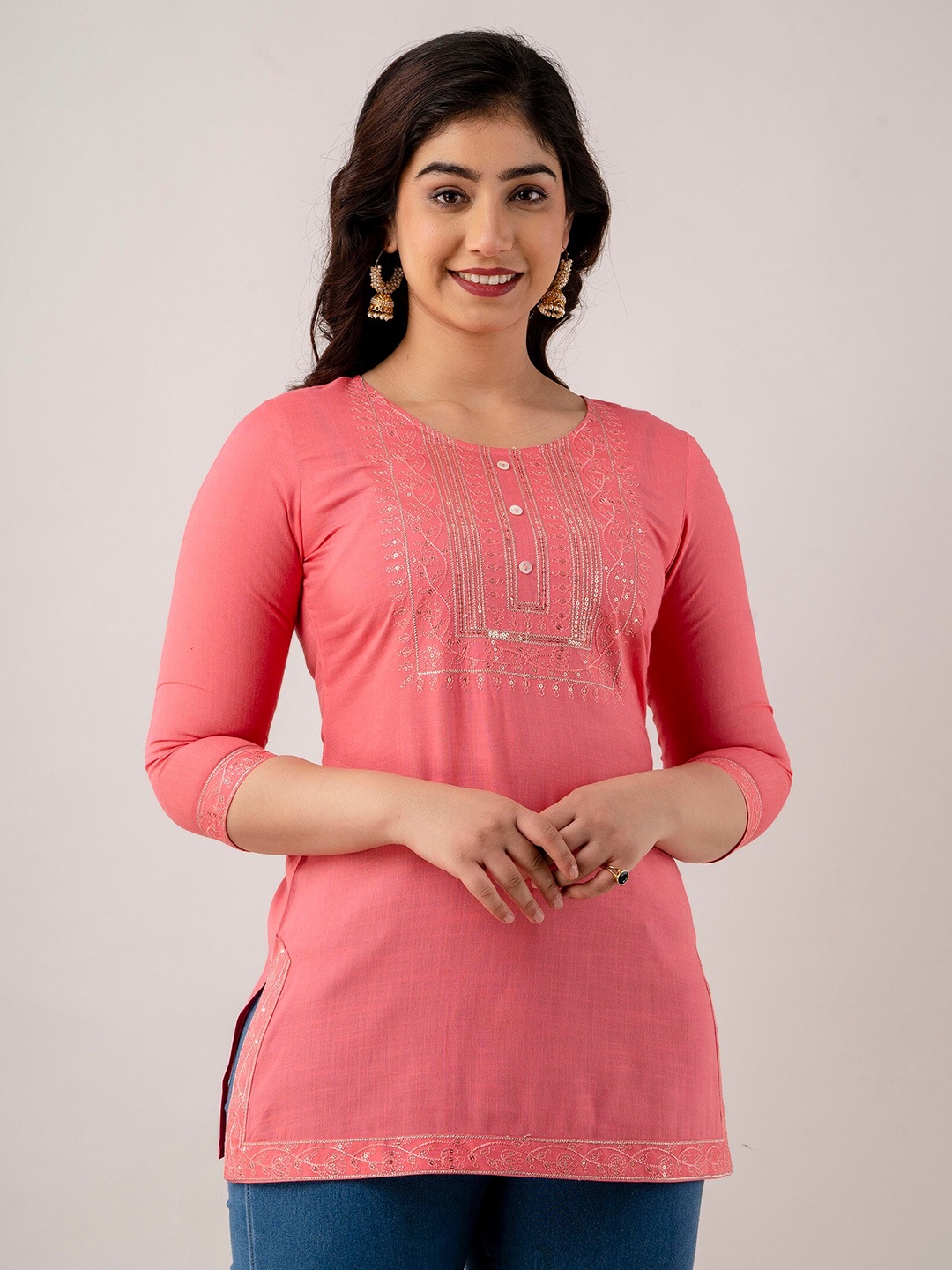 

CKM Floral Embroidered Sequined Straight Kurti, Peach