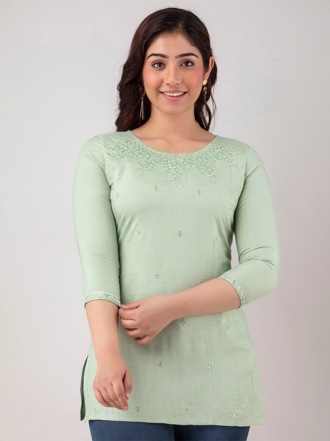 

CKM Round Neck Embroidered Kurti, Green