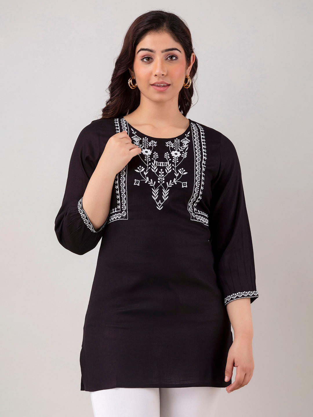 

CKM Floral Embroidered Straight Kurti, Black