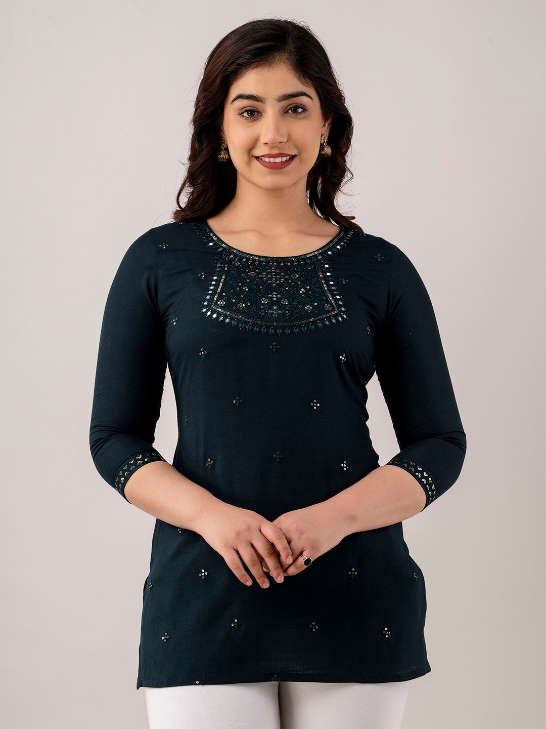 

CKM Round Neck Embroidered Kurti, Teal