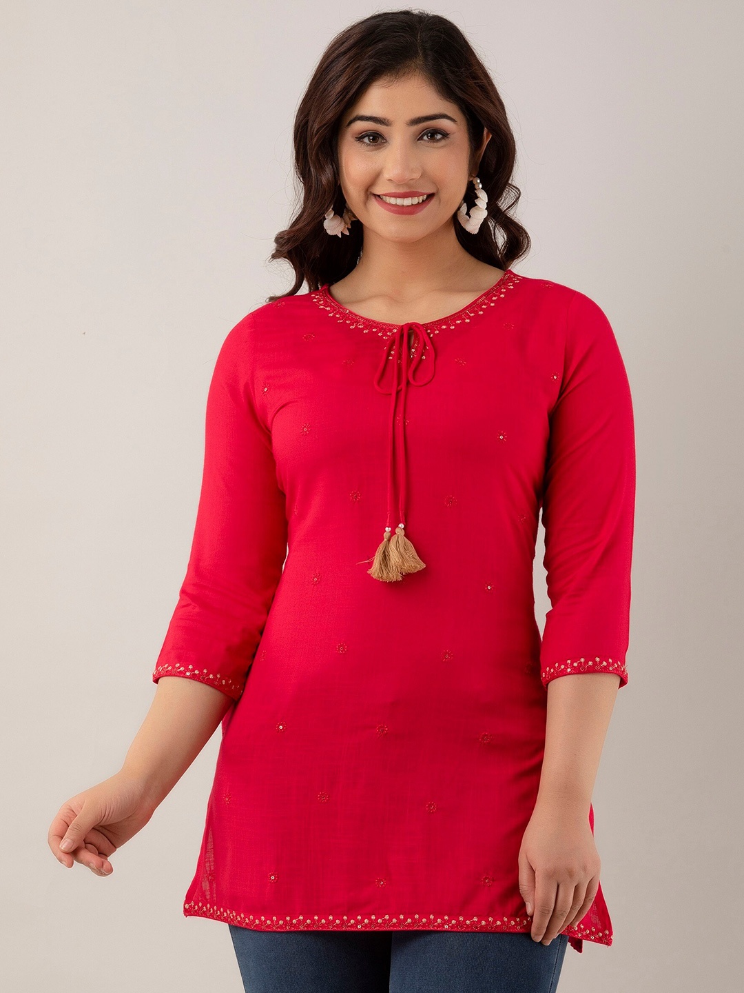 

CKM Tie-Up Neck Embroidered Kurti, Pink