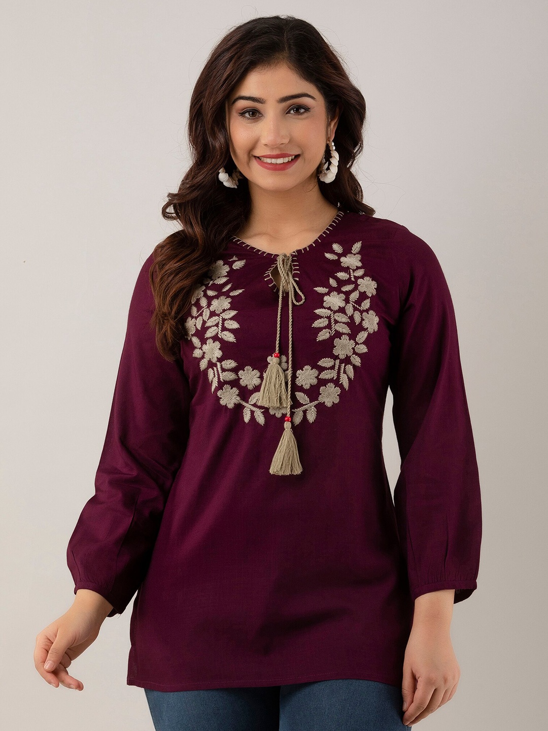 

CKM Floral Yoke Design Thread Work Kurti, Burgundy