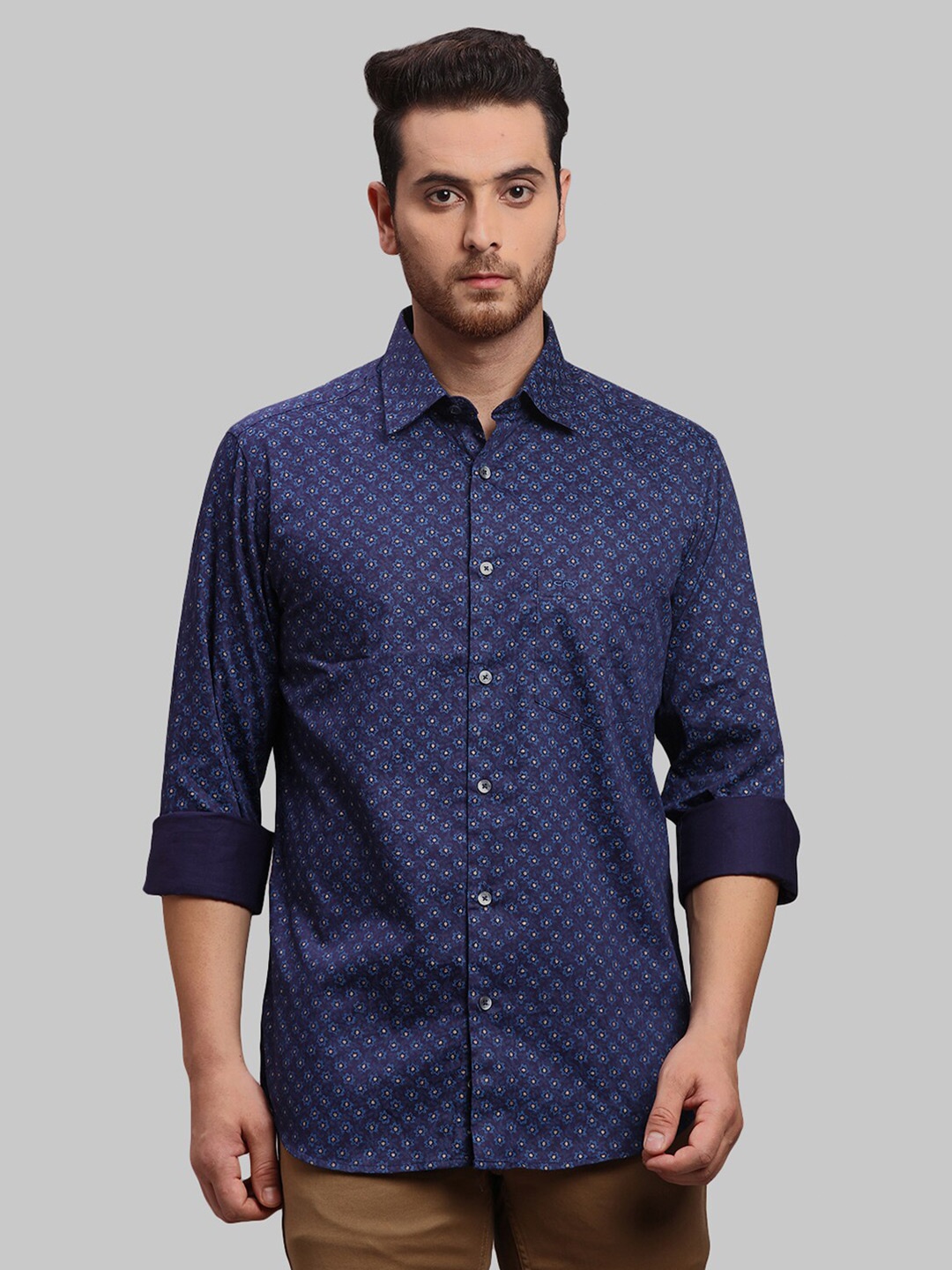 

ColorPlus Floral Printed Tailored Fit Cotton Formal Shirt, Navy blue