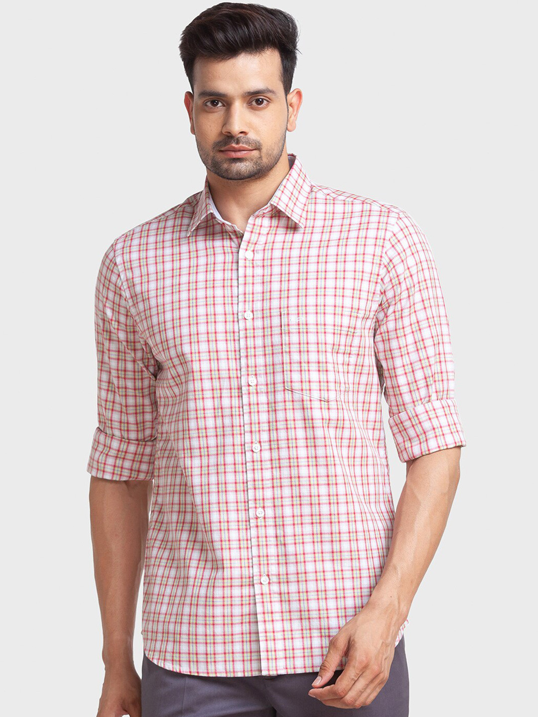 

ColorPlus Grid Tattersall Checked Tailored Fit Cotton Casual Shirt, Red