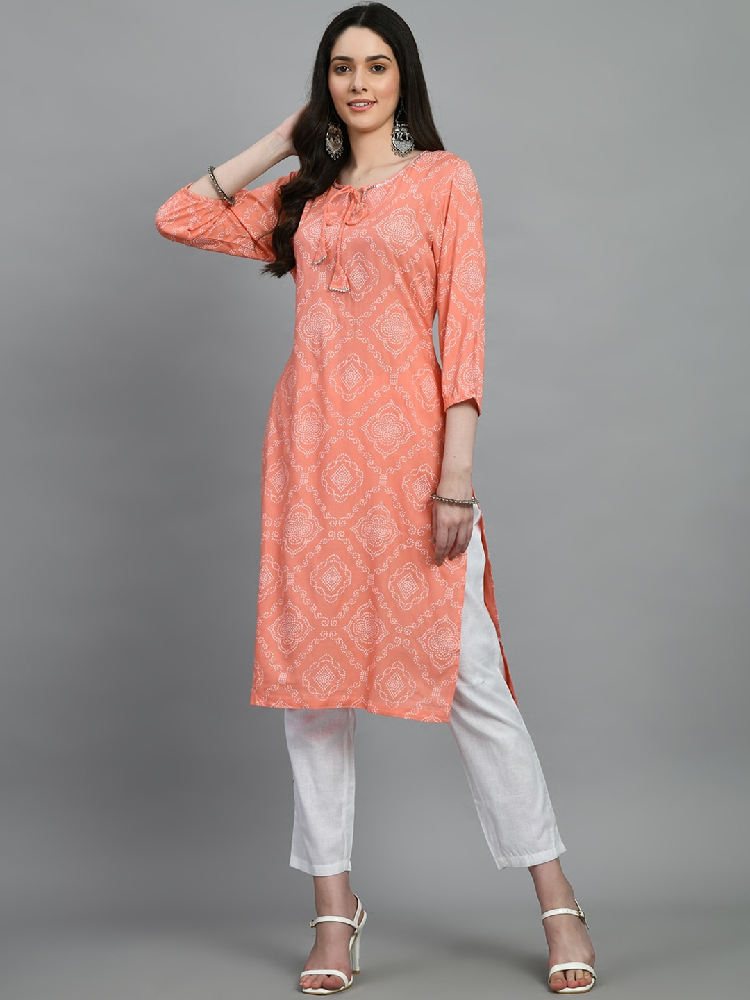 

KALINI Bandhani Printed Sequinned Straight Kurta, Peach