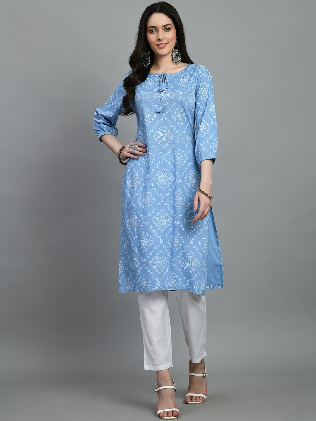 

KALINI Bandhani Printed Tie Up Neck Sequinned Kurta, Blue