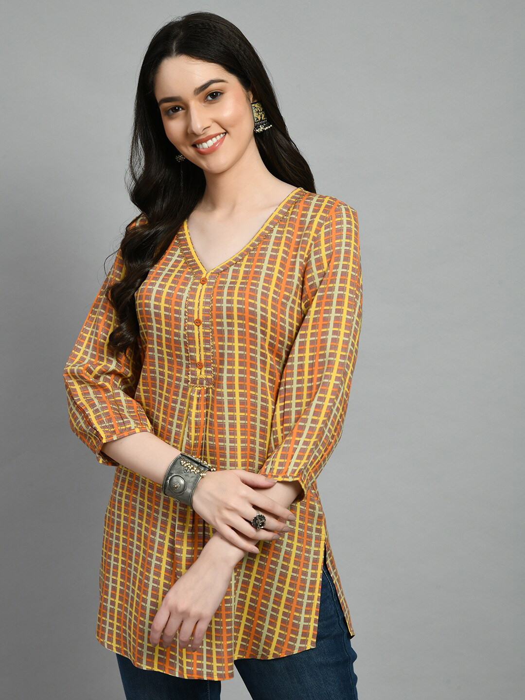 

KALINI Checked V-Neck Gotta Patti Tunic, Brown