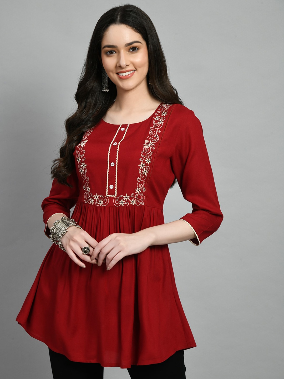 

KALINI Embroidered Gathered A-Line Tunic, Maroon