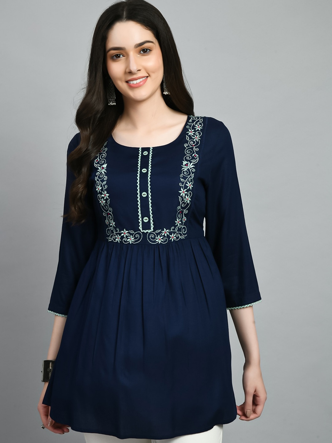 

KALINI Floral Embroidered Round Neck Viscose Rayon Tunic, Navy blue