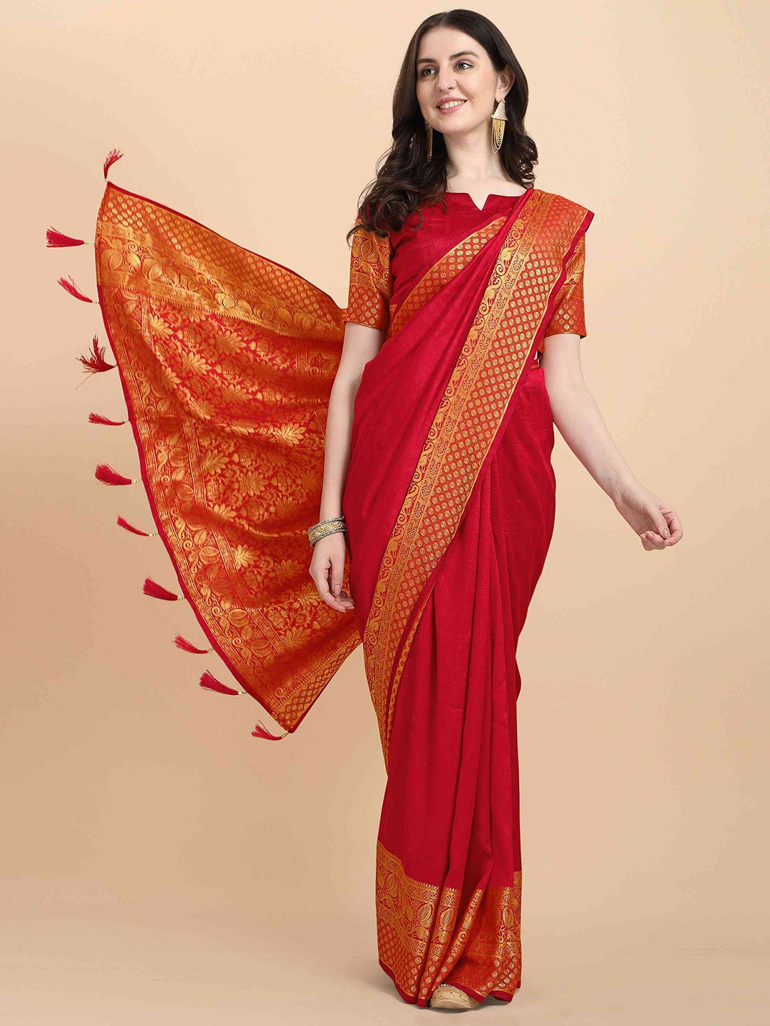 

elora Zari Art Silk Bhagalpuri Saree, Red